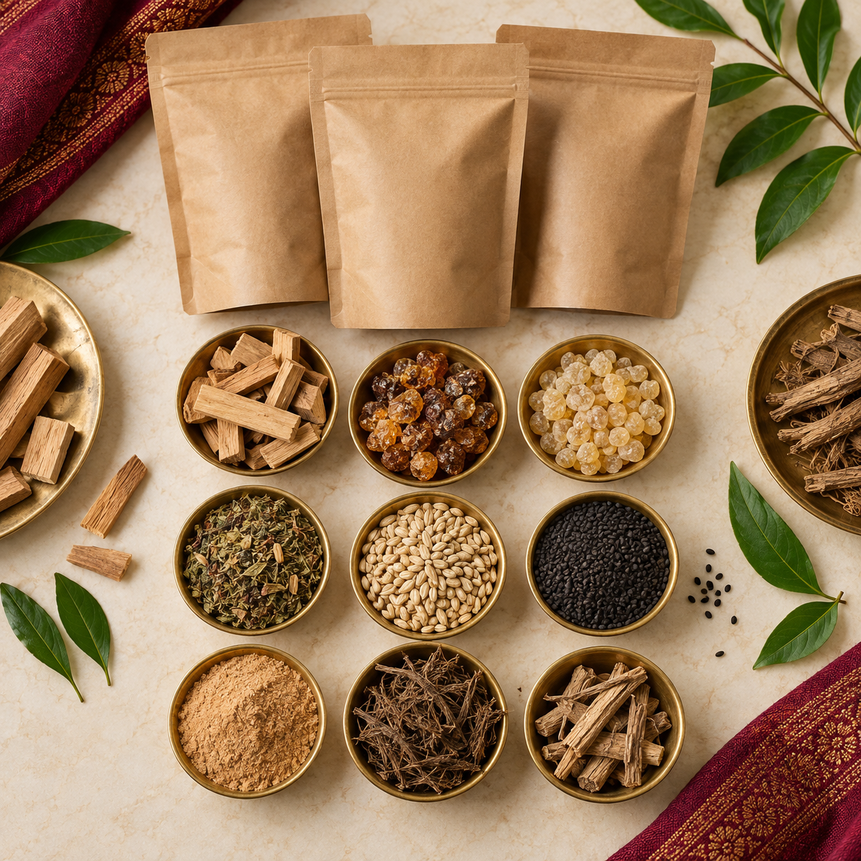 Havan samagri ingredients including woods, resins, herbs, barley and sesame