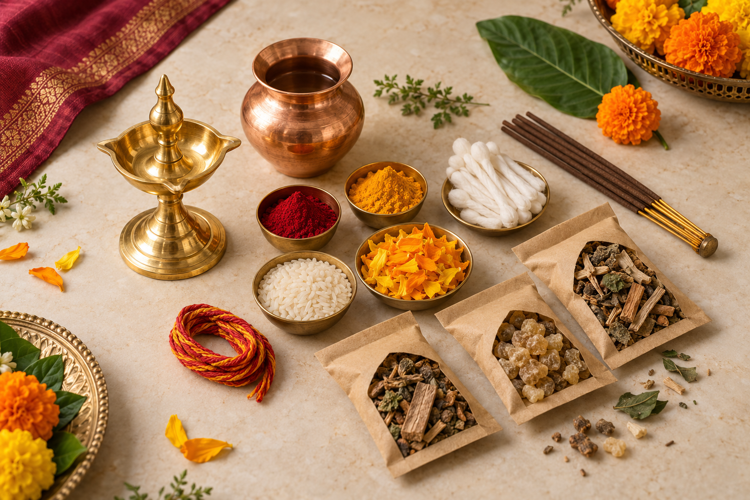 Arrangement of puja essentials including diya, kalash, cotton wicks, rice, flowers and havan ingredients
